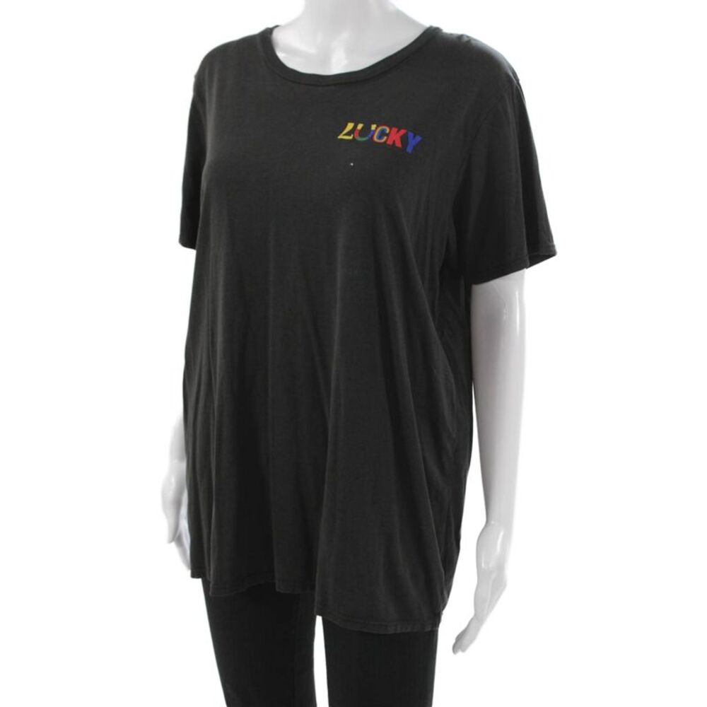 Lauren Moshi Womens Basic Lucky Graphic Crew Neck Black T-Shirt Size M